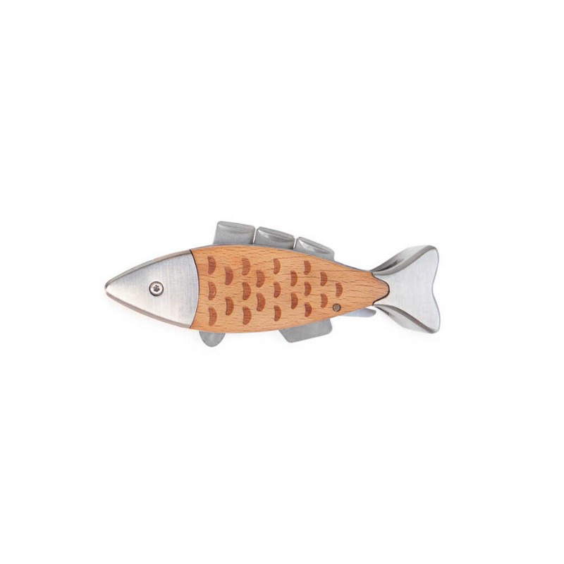 Coltellino multiuso a forma di salmone con finiture in legno contenuto in una scatola di latta